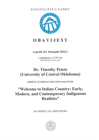 Poziv na predavanje „Welcome to Indian Country: Early, Modern, and Contemporary Indigenous Realities“